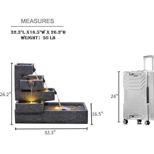 Tankana Tiered Water Fountain Outdoor Garden - Waterfall Indoor Freestanding Cascade Fountain Concrete Artistry Modern Style with LED Lights for Patio Yard Pool Home Decor,32.5 inches Long