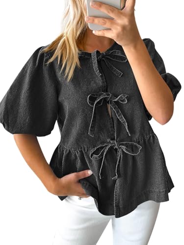Tankaneo Womens Denim Tie Front Tops Babydoll Peplum Puff Sleeve Jean Shirts Crew Neck Summer Casual Bow Blouses