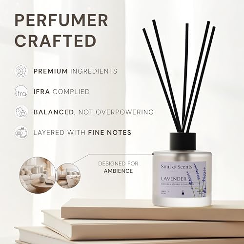 Image of Soul & Scents 50ml Lavender Reed Diffuser Set | Blend of Rosemary and Vanilla | Get 5 Rattan Reed Sticks | Smoke Less Room Freshener for Home, Bedroom, Living Room & Office