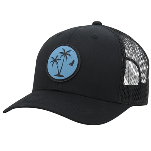 Image of LINDO Trucker Hat [ Palm Tree 2.0 Design ] for Men and Women: Mid Profile Cap with Breathable Mesh Back and Adjustable Snap