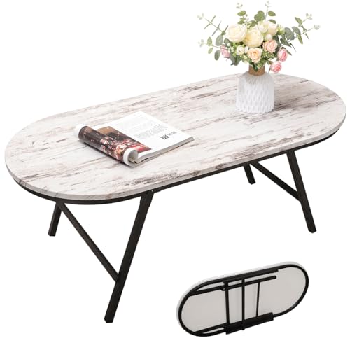 FEUFOAM Petite table basse pliante en bois avec pieds en métal, table centrale ovale portable, mobilier de ferme rustique pour salon, petits espaces,...