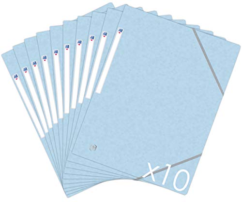 Oxford Topfile+ Lot de 10 Chemises Cartonnées 3 Rabats Format A4 fermeture Elastiques - Pochettes Couleur Bleu Pastel