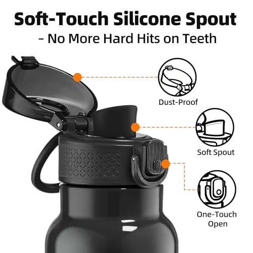 Image of Fanhaw 24 oz Insulated Water Bottle with Soft Silicone Spout Lid, Leakproof Stainless Steel Vacuum Bottle for School, Sports& Daily Use, Kids, Teens& Adults, Back to School Essentials (Glossy Black)