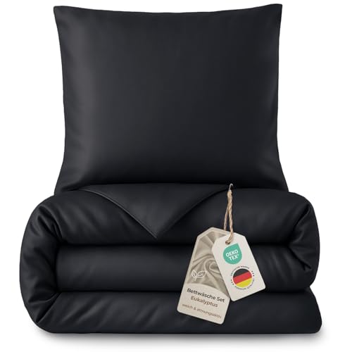 LAYNENBURG Premium Lyocell Bettwäsche in 135x200 + Kissenbezug 80x80 cm - 100% Lyocell Tencel aus u.a Eukalyptus Oeko-TEX 100 - kühlende Sommer-Bettwäsche mit Reißverschluss (schwarz)