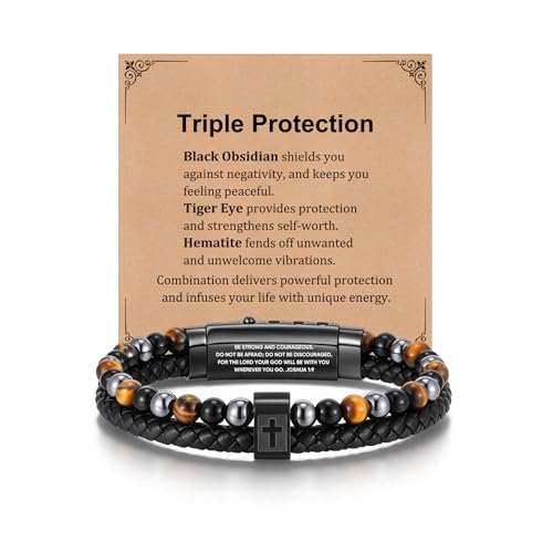Fathers Day Cross Bracelet Gifts for Men Him - Triple Protection Healing Hematite Black Obsidian Tiger Eye Beaded Rosary Bracelets Faith Religious Catholic Christian Communion Gift Joshua 1:9