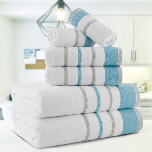 Image of Casa Copenhagen, Germany Design - White Bay Super Soft Collection 100% Cotton 6 Piece Towel Set, Includes 2 Bath Towels 2 Hand Towels 2 Washcloths - Grey & Teal