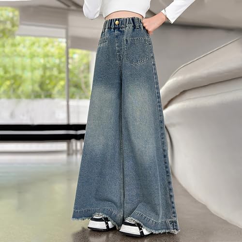 Girls Elastic Waist Wide Leg Jeans Vintage Washed Baggy Casual Floor Lenght Denim Pants with Pockets for 5-15Y4