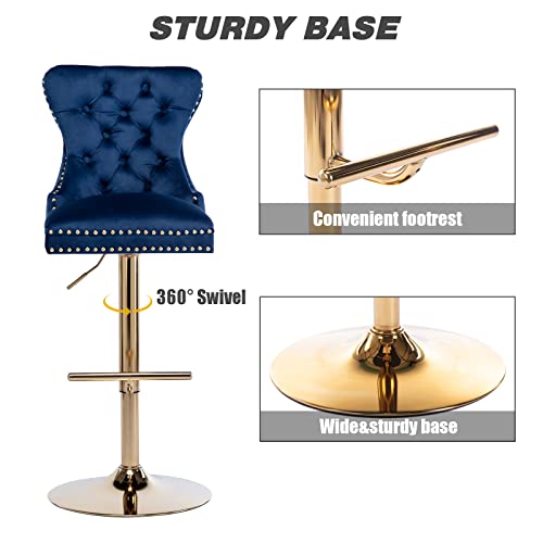 Kmax Tufted Bar Stool Velvet Navy Blue Counter Stool Swivel Kitchen Stool With Ring Pull Height Adjustable Golden Base Footrest For Home Kitchen Bar Club,3Pcs #TOP5