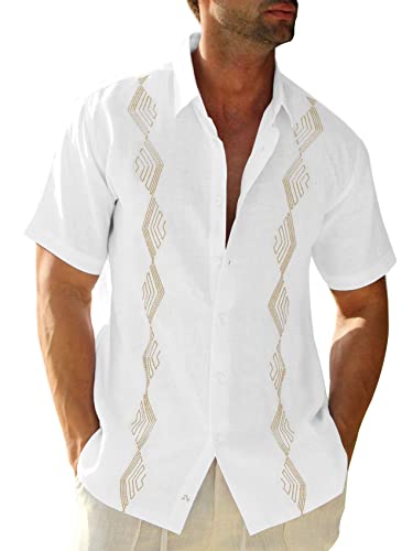 Makkrom Men Cuban Guayabera Shirts Linen Short Sleeve Button Down Cotton Mexican Beach Wedding Shirt