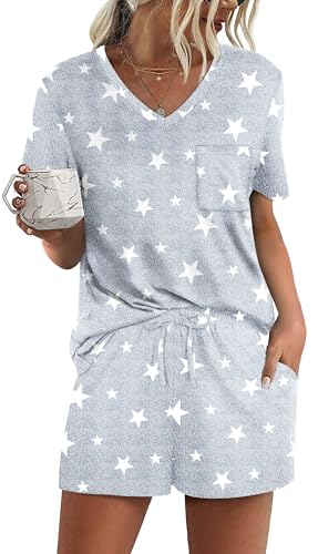 Image of RUBZOOF Women's Short Sleeve Pajama Sets with Pockets Casual V Neck 2 Piece Lounge Sets S-3XL