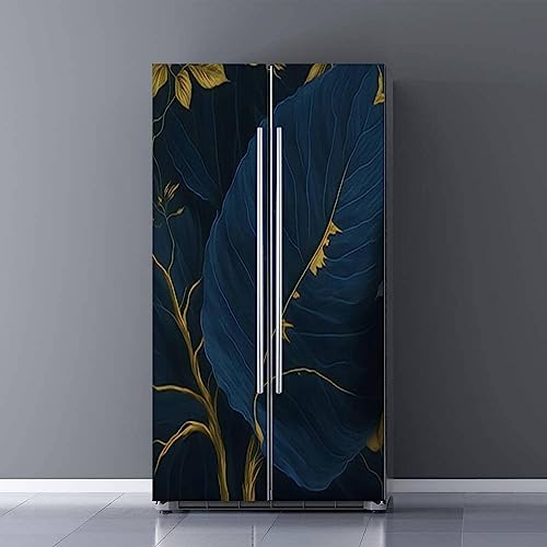 Self Adhesive Vinyl Refrigerator Wrap Set Exotic Oil Painting Navy Blue Leaves Botanic Print Canvas Tropical Door Mural Removable Fridge Sticker Peel and Stick Full Door Cover Decal Kitchen Decor