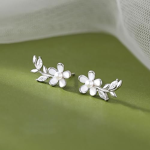 Reffeer Solid 925 Sterling Silver Flower Stud Earrings for Women Teen Girls CZ Leaf Post Stud Earrings Pearl Flower Studs3