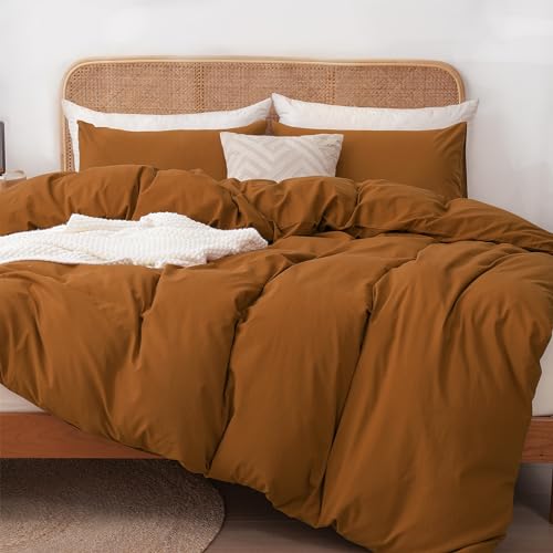 Image of ATsense Duvet Cover Queen, 100% Washed Cotton Linen Feel Super Soft Comfortable, 3-Piece Bedding Duvet Cover Set, Long-Lasting and Easy Care, Farmhouse Style Comforter Cover (Burnt Orange, 7008-8)