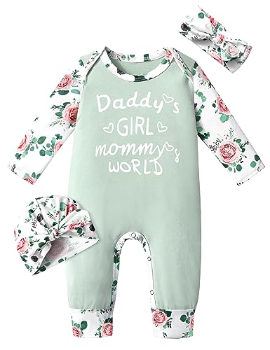 Image of Von kilizo Baby Girl Clothes Cute Floral Infant Newborn Baby Clothes for Girls Letter Print Snap Baby Girl Romper Jumpsuit