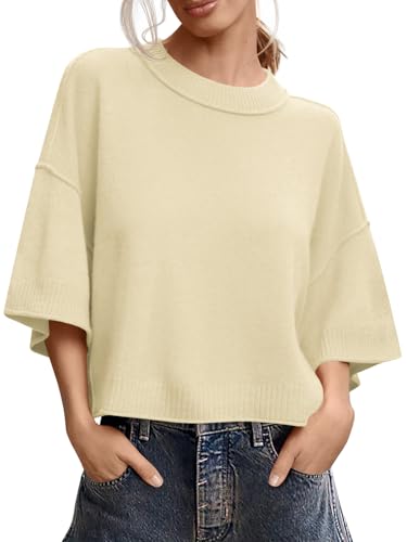 Image of Saodimallsu Womens Short Sleeve Sweater Summer Oversized Cropped Sweaters Casual Crewneck Lightweight Knit Tops