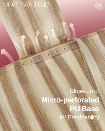 Image of Moresoo Butterfly Weft Hair Extensions Human Hair Blonde Highlight 16inch | Invisible Genius Weft, Highlights Golden Honey with Light Blonde, Add Volume, OVO PU Hole, Straight Soft Remy Hair 50g