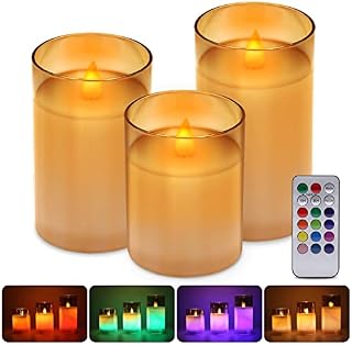 LED Amber Glass Real Wax Candle Lights, 3 Pack Warm White Plus Multicolor Flameless Battery Operated Electric LED Moving Wick Flickering Candle Lights with Remote Control Timer for Decoration, Wedding