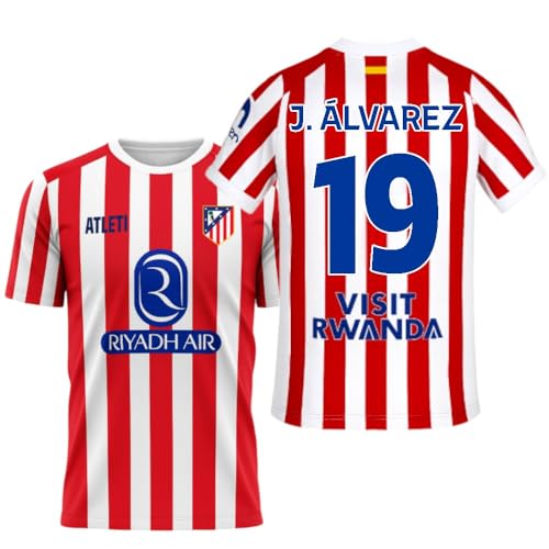 Atletico de Madrid - Camiseta J. Álvarez 25-26 | Dorsal 19 Estilo Jugador | Rayas Rojas clásicas | Tejido técnico Transpirable (FR/ES, Letras, S, Regular, Regular)