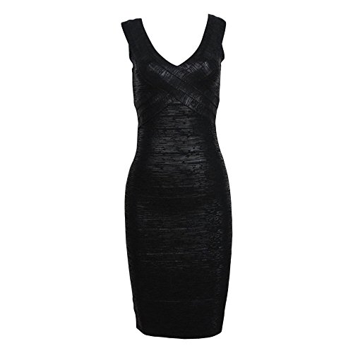 HLBandage Sleeveless V Neck Metallic Foil Print Rayon Bandage Dress(M,Nero)