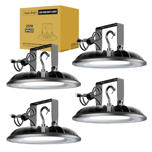 UFO LED High Bay Light, 200W High Bay LED Lights 22000Lm UL Listed with US Plug, 2 Types of Installation high bay light, IP65 Commercial Plug & Play Lighting for Warehouse Factory Barn Shop,