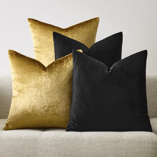 GIGIZAZA Set of 4 Velvet Cushion Covers 40x40CM Black Gold Throw ...