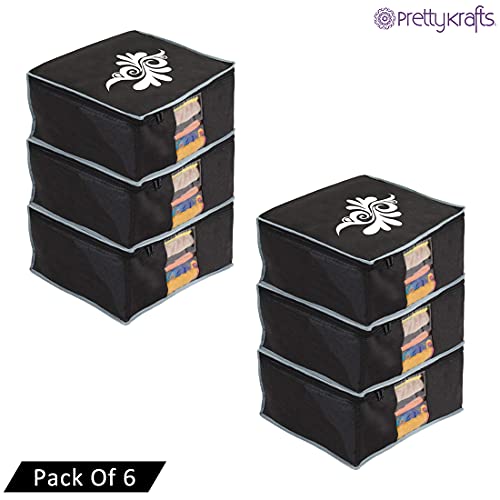 Image of PrettyKrafts Large Saree Cover With Creative Prints, Wardrobe Organiser, Clothes Cover & Storage, Zip Closure and Transparent Window | Clothes Storage Bag | Set of 6, Black | Size: 40 x 35 x 20 cm