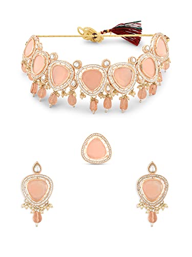 ZAVERI PEARLS Peach Stones Beads Austrian Diamonds Kundan Necklac...