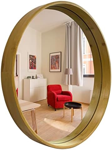 Offerife 18" Round Mirror Bamboo Mirror - Vanity Mirror Circle Wall Mirror Decorative Mirror with HD Float Glass - Small Mirror for Living Room Bedroom Entryway