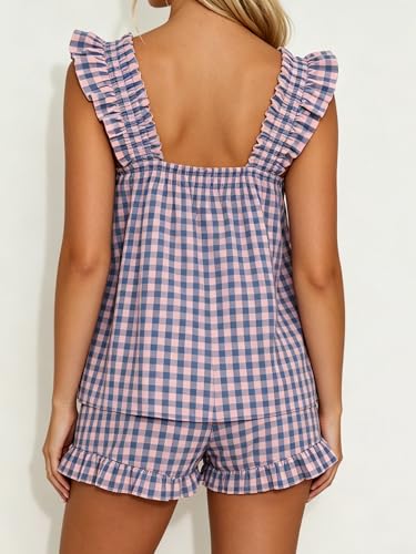 Image of SOOKABEILA Women 2 Piece Lounge Set Sleeveless Striped Cami Peplum Top Boxer Shorts Loose Ruffle Matching Pj Sets Outfits