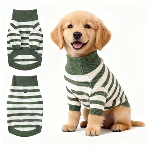 Image of Small Dog Sweater, Knitted Striped Pullover Dog Clothes, Indoor Cozy Stretchy Pajamas for Chihuahua, Bulldog, Dachshund, Pug(Green&White Strip, XXL)