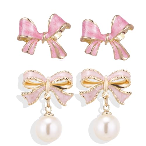 Gold Bow Earrings Pink Small Classic Bow Stud Earrings for Women Dainty Pearl Bow Dangle Earrings Hypoallergenic Gold Earrings Christmas Bow Earring for Women