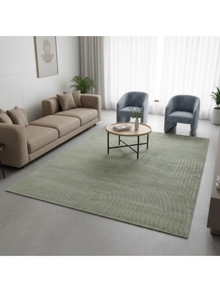 Tapis Moderne à Relief Graphique avec Texture sculptée et Lignes arrondies - Dimension 80x150 cm, Couleur Vert