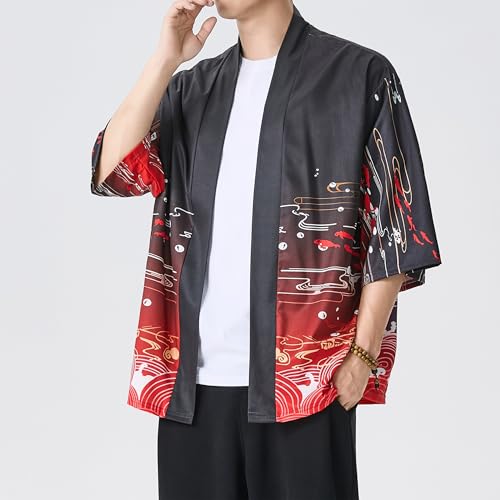 Image of PRIJOUHE Men's Lightweight Kimono Jacket Seven Sleeve Open Front Cardigan Coat Japanese Style Bathrobe