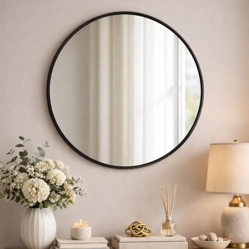 Image of Sidra Decor Round Wall Mirror with Metal Frame | Elegant Hanging Mirror for Home Decor | Ideal for Bedroom, Living Room, Bathroom & Office Use | HD Vanity Mirror wash Basin (Black 20 Inch)