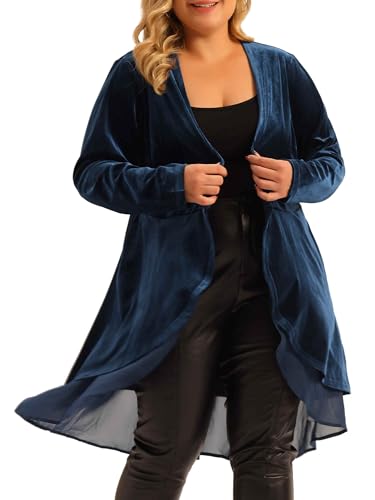 Image of Agnes Orinda Women Plus Size Ruffled Asymmetric Long Velvet Cardigan Jacket
