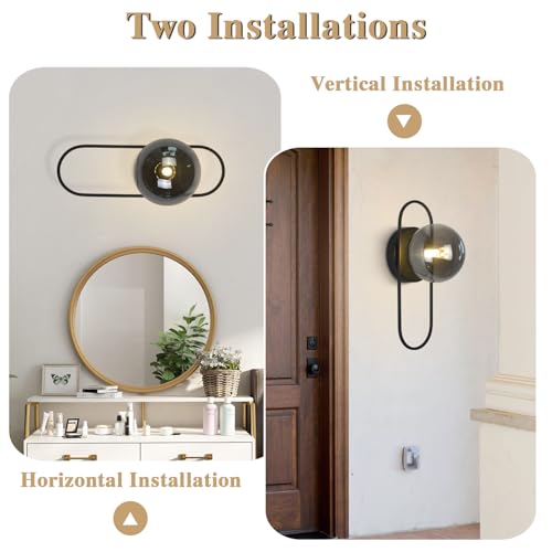 Image of Smoked Glass Wall Sconces Black Bathroom Vanity Light Fixture Vintage Flush Mount Wall Sconce Lighting Mid Century Modern Hallway Sconce Farmhouse Globe Wall Light
