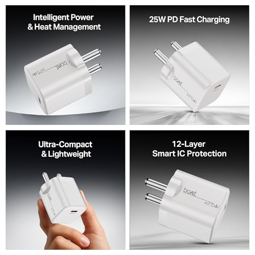 Image of Boat 25W GaN Fast Charger for Samsung, Xiaomi & Android Users with Overheat /Overcharge Protection & Auto Detection with Type C to Type C Support (White)