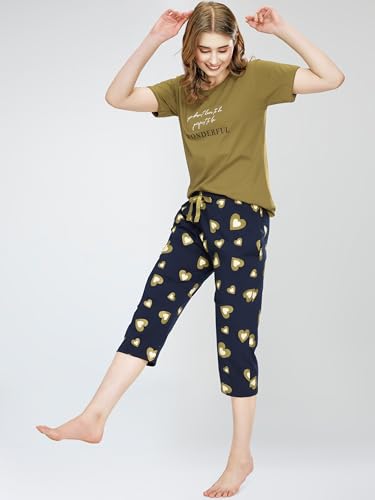 Image of ZEYO Night Suit for Women's Heart Printed Cotton Night Dress of Top and Capri Set 5745