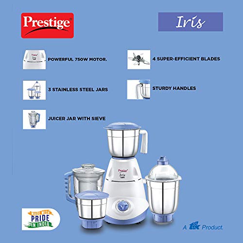 Prestige Iris 750 Watt Mixer Grinder with 3 Stainless Steel Jar + 1