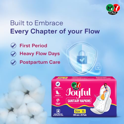 Image of Joyful Sanitary Napkins for Women | Cotton Soft, Super Absorbent, Odour & Rash Free, Leak-Proof Pad for Heavy Flow, Overnight Protection & Travel, Xl, 54 pads, Pack of 3