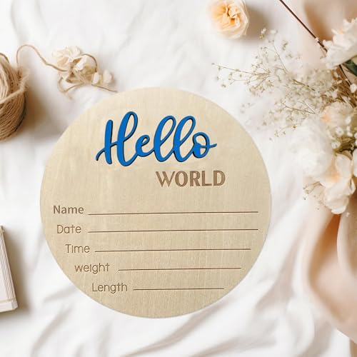 Image of Baby Announcement Sign, ​5.9 Inch Wooden Hello World Newborn Signs, Birth Announcement Sign, Baby Shower Hospital Nursery for Newborn Boys and Girls (Blue,Pen)