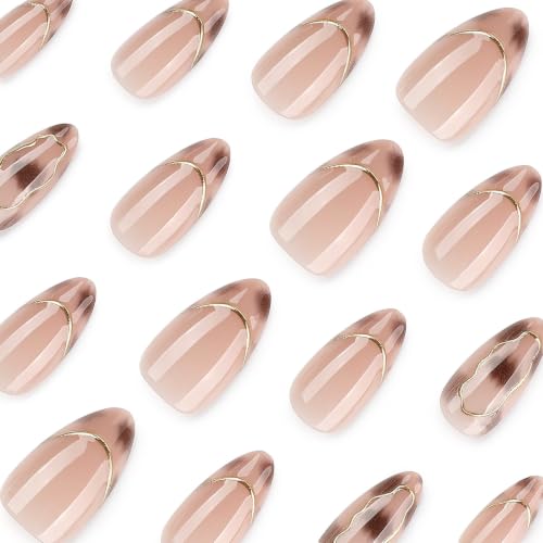 Image of Tortoiseshell Print Press on Nails French Tip Fake Nails Ombre False Nail | 3D Gold Line Nail Press ons Medium Almond Stick on Nails Glossy Reusable Full Cover Daily Manicure 24Pcs for Women