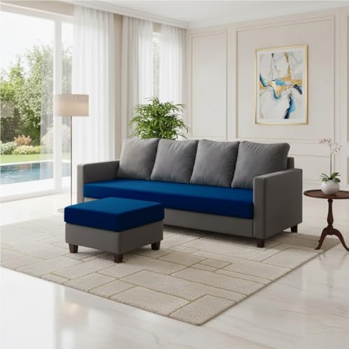 Image of FURNY Arnold 5 Seater L Shape Sofa Set with Movable Ottoman | Flexible Left or Right Layout | Plush Velvet Fabric (Dark Grey-Dark Blue) | Perfect for Living Room, Guest Room & Office