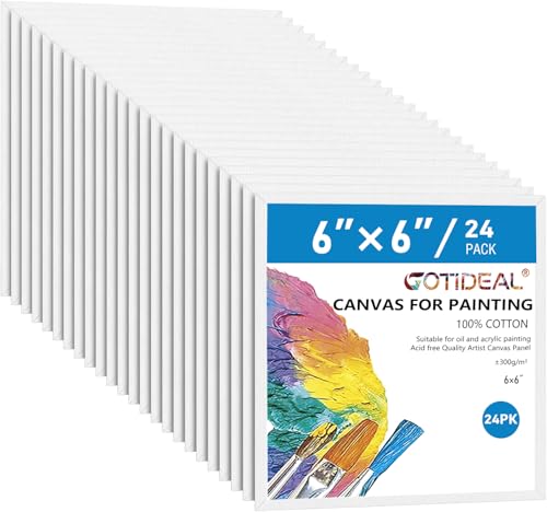 GOTIDEAL Canvases for Painting 6x6 inch of 24 Professional Primed White Blank Flat Canvas Panels- 100% Cotton Artist Canvas Boards for Acrylics Painting Oil Watercolor Tempera