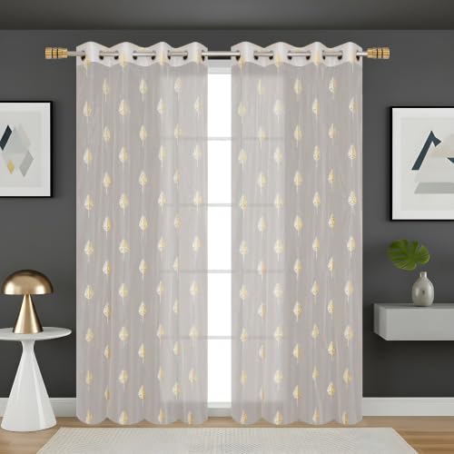 Image of Fabrilia Embroidered Tree Pattern Tissue Net Sheer Curtains for Window | Transparent Curtain with Elegant Leaf Tree Embroidery | Cream | 5 feet | Set of 2