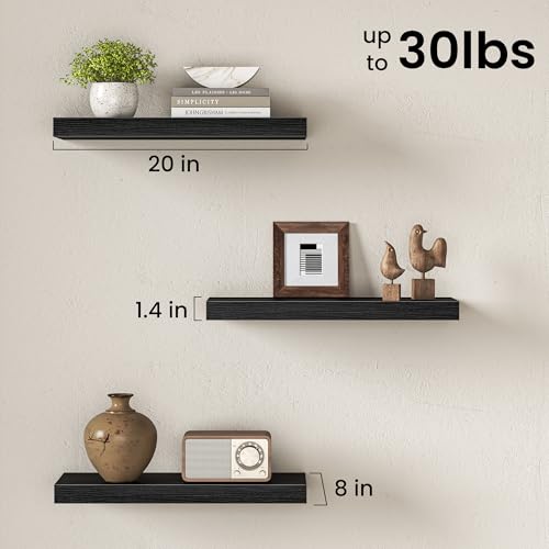 Image of Fun Memories Floating Shelves, 20 Inch Floating Shelves, Wall Mounted Rustic Wood Shelf for Bathroom, Living Room, Bedroom and Kitchen, Hanging Shelf for Storage, Books, Home Decor, Black - Set of 3