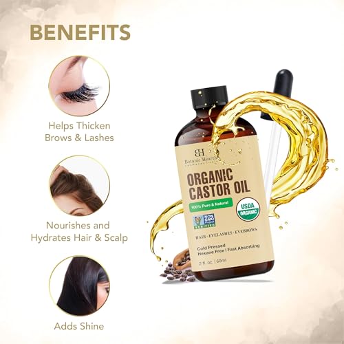 Image of Botanic Hearth Castor Oil | USDA Certified Organic |100% Pure & Hexane Free | Cold Pressed | Growth for Eyelashes, Eyebrows, Hair | With Eyebrow & Eyelash Brush | 2fl oz