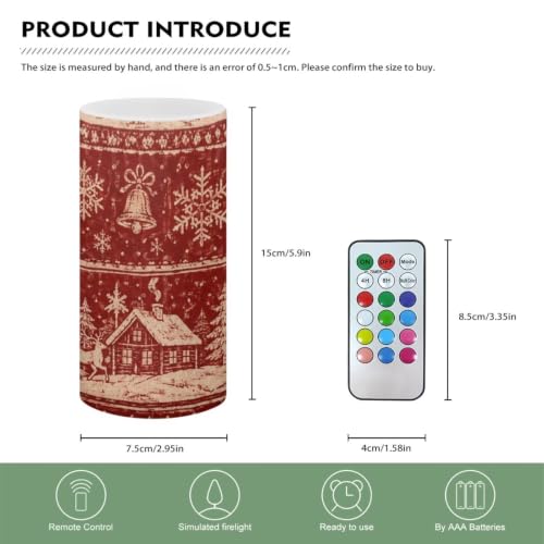 Image of Poceacles Christmas Decor Flickering Flameless LED Battery Candles Pillar Candles Tealight with 18-Key Timer Remote with Colorful Light, Christmas Landscape Print Red