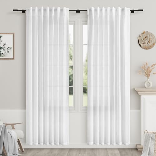Image of Nanspring White Semi Sheer Linen Curtains 78 inch Length for Living Room Back Tab Rod Pocket Modern Farmhouse Coastal Decor White Cotton Textured Gauze Curtains for Dining Room Office 52x78
