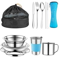 Campingbesteck Set, 10 Stück Edelstahl Camping Geschirr, 1-2 Personen Outdoor Reisebesteck mit Teller, Schüssel, Trinkbecher, Gabel, Löffel und Bestecktasche, für Camping Picknick Wandern (Blau)